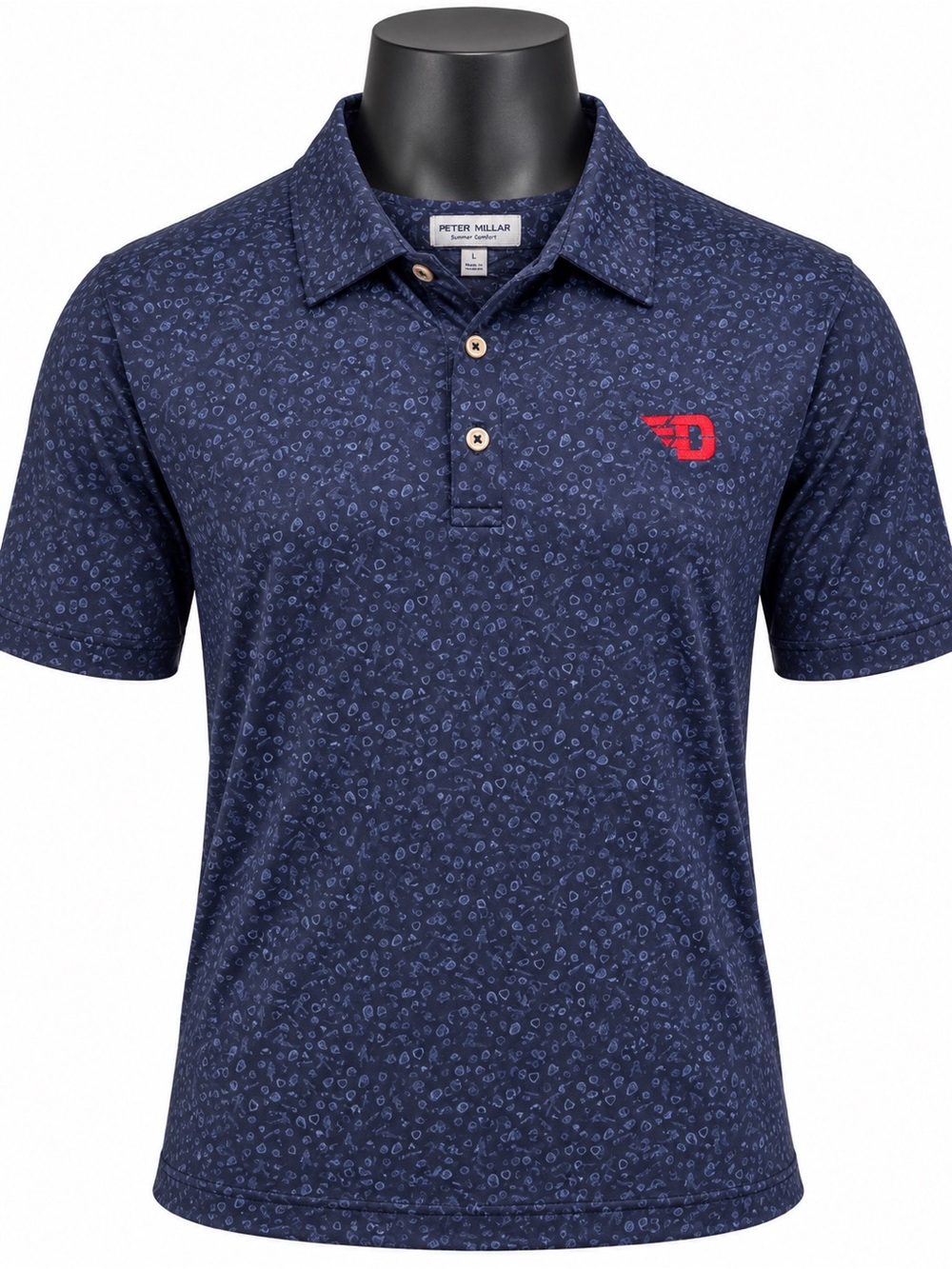 Peter Millar Dayton Flyers Men’s Large Summer Comfort Navy Print Polo NWT